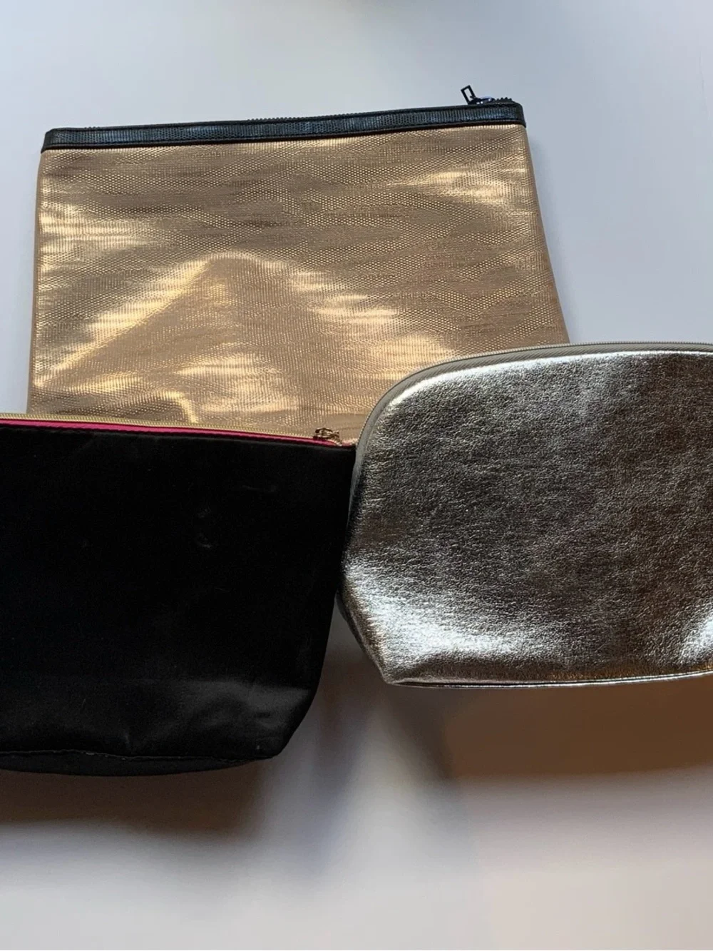 Set of 3 Bags: Lancome Toiletry Cosmetic Pouch Bags ~ Golden, Silver and Black